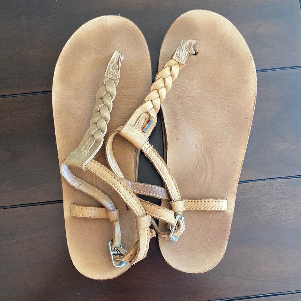 Rainbow Womens T-Street Leather Tan Braid Ankle Flip Flop Sandals. Sm (5.5-6.5)